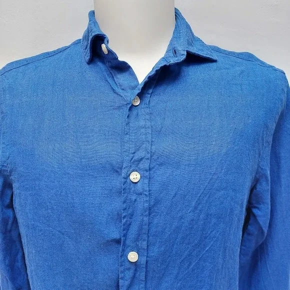 Charles Tyrwhitt Linen Shirt Men's Small Blue Slim Fit Long Sleeve Button Down - Picture 5 of 8